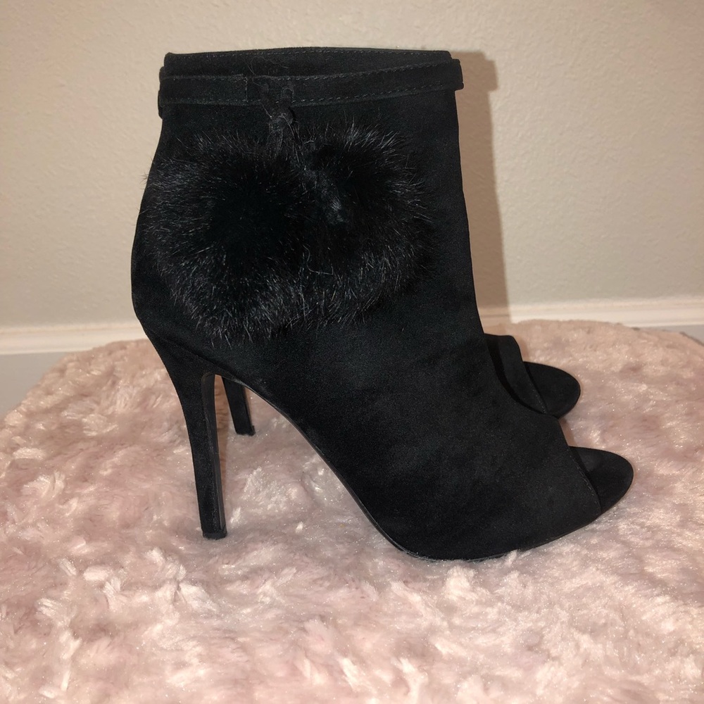 Suede Black Pom Pom Heeled Booties